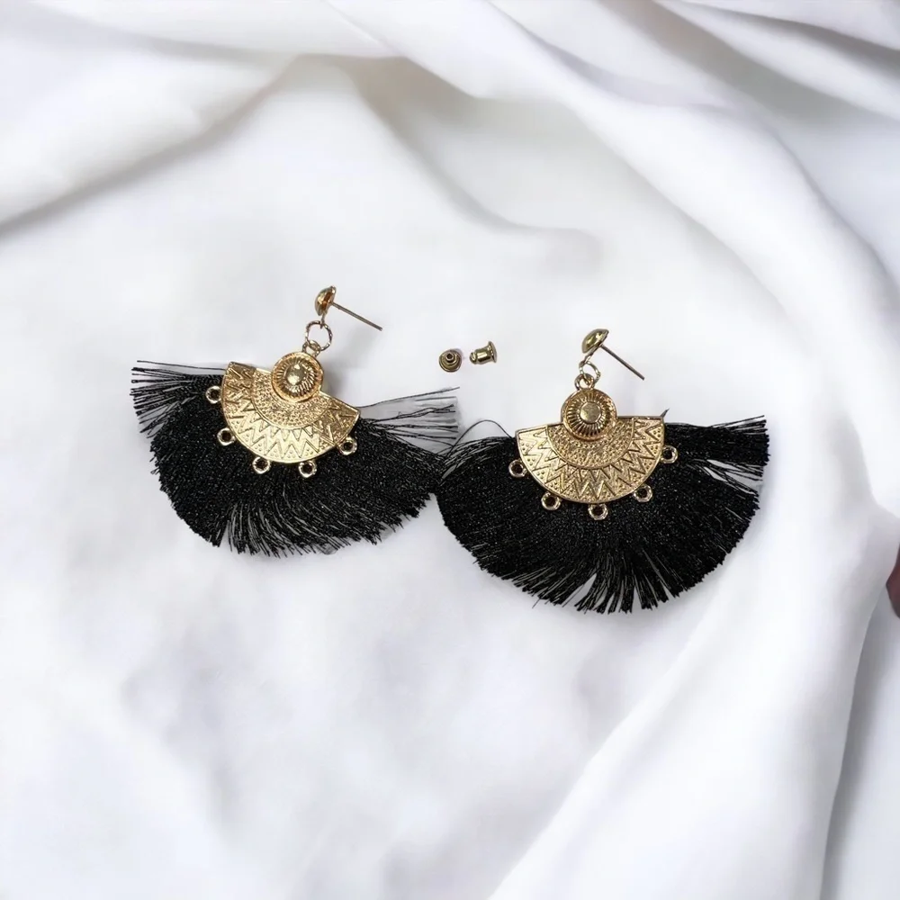 Half Moon Black Fringe Stud Earrings